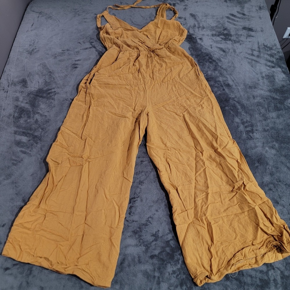Anthropologie Jumpsuit Large Boho Rayon Linen Wide Leg Relaxed Yellow Sleeveless